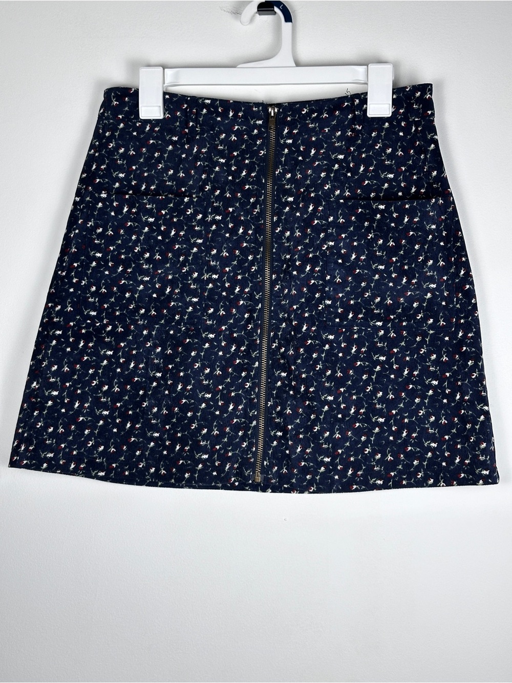 Chance Floral Corduroy Mini Skirt Front Zip Pockets Navy Size L